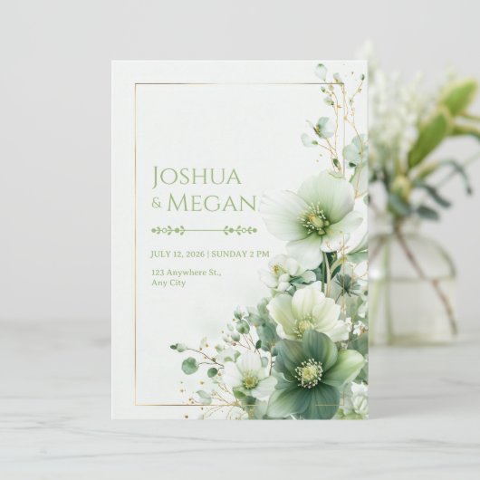 Sage Green Winter Rose Botanical Frame Wedding 招待状 (スタンド正面)