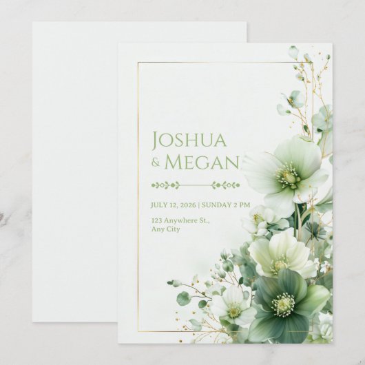 Sage Green Winter Rose Botanical Frame Wedding 招待状 (正面/裏面)