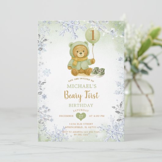 Sage Green Winter Snowflake Beary First Birthday  招待状 (スタンド正面)
