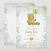 Sage Green Winter Snowflake Beary First Birthday  招待状 (正面/裏面)