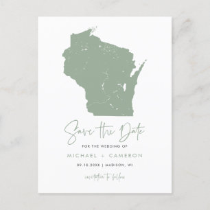 Sage Green Wisconsinマップモダン日付の保存 案内ポストカード