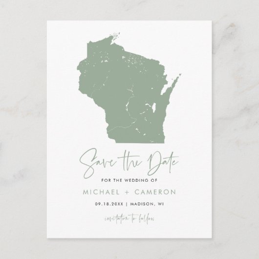 Sage Green Wisconsinマップモダン日付の保存 案内ポストカード (正面)
