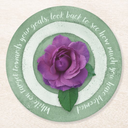 Sage Green with Purple Rose Inspirational Quote ラウンドペーパーコースター (正面)