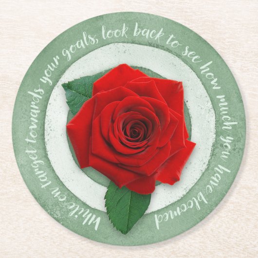 Sage Green with Red Rose Inspirational Quote  ラウンドペーパーコースター (正面)