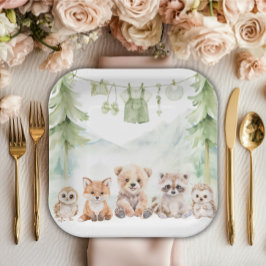 Sage Green Woodland Adventure Awaits Baby Shower ペーパープレート
