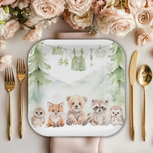 Sage Green Woodland Adventure Awaits Baby Shower ペーパープレート