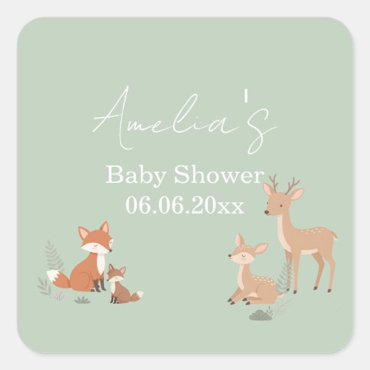 Sage Green Woodland Animal Baby Shower  スクエアシール (正面)