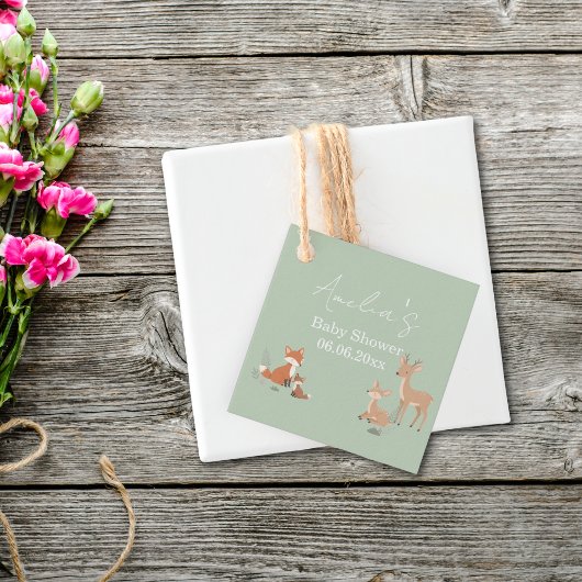 Sage Green Woodland Animal Baby Shower フェイバータグ