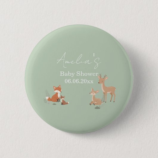Sage Green Woodland Animal Baby Shower  缶バッジ (正面)