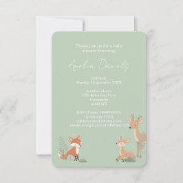 Sage Green Woodland Animal Baby Shower Invitation 案内状