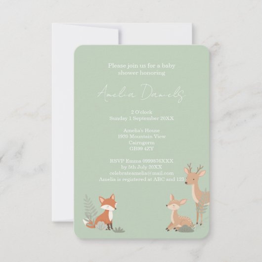 Sage Green Woodland Animal Baby Shower Invitation 案内状 (正面)