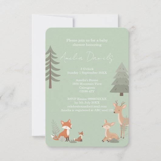 Sage Green Woodland Animal Baby Shower Invitation 案内状 (正面)