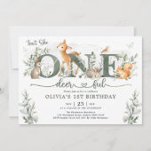 Sage Green Woodland One-deerful 1st Birthday Girl 招待状 (正面)