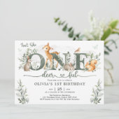 Sage Green Woodland One-deerful 1st Birthday Girl 招待状 (スタンド正面)