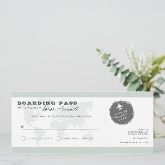Sage Green World Map Boarding Pass RSVP Card 招待状 (スタンド正面)