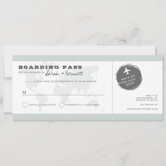 Sage Green World Map Boarding Pass RSVP Card 招待状 (正面)