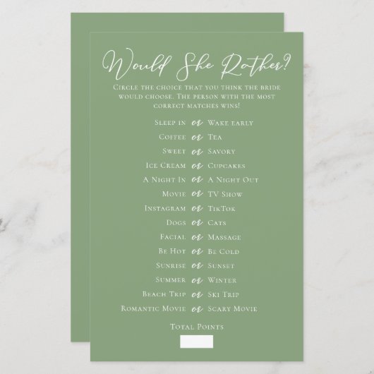 Sage Green Would She Rather Bridal Shower Game (正面/裏面)