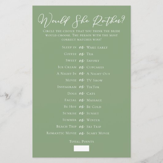Sage Green Would She Rather Bridal Shower Game (正面)