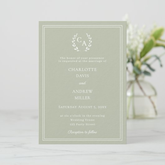 Sage green wreath monogram luxury wedding  招待状 (スタンド正面)