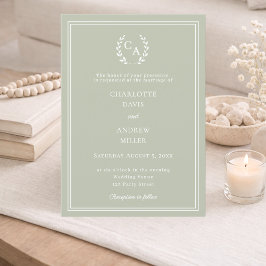 Sage green wreath monogram luxury wedding  招待状