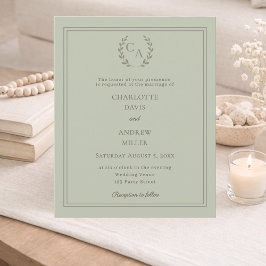 Sage green wreath monogram wedding invitation
