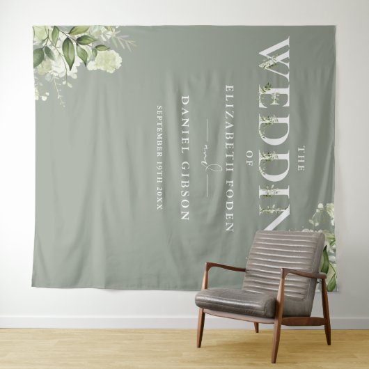 Sage Greeneryタイポグラフィ結婚の写真の背景 タペストリー (インサイチュ(横))