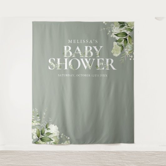Sage Greeneryフローラ赤ちゃんシャワー写真背景 タペストリー (正面)