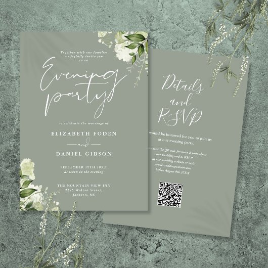 Sage GreeneryフローラQRコード結婚の夕べパーティー 招待状