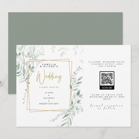 Sage GreeneryモダンのQRコー結婚ドRSVP Invitati 招待状 (正面/裏面)
