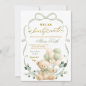 Sage Greenery Bow Coquette Bear Baby Shower 招待状 (正面)