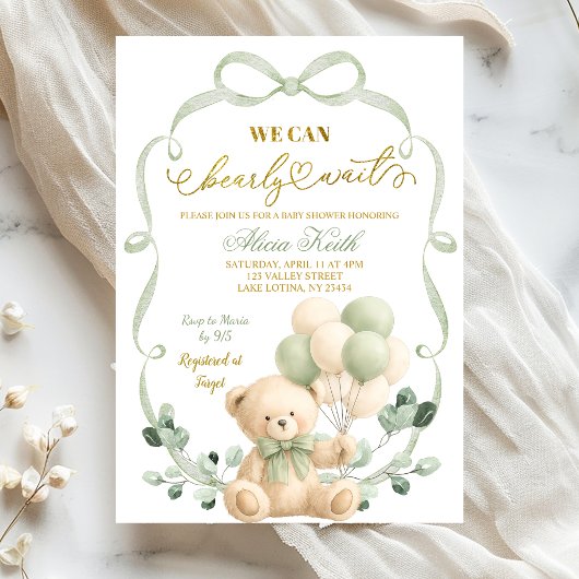 Sage Greenery Bow Coquette Bear Baby Shower 招待状