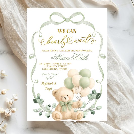 Sage Greenery Bow Coquette Bear Baby Shower 招待状