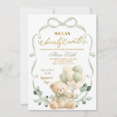 Sage Greenery Bow Coquette Bear Baby Shower 招待状 (正面)