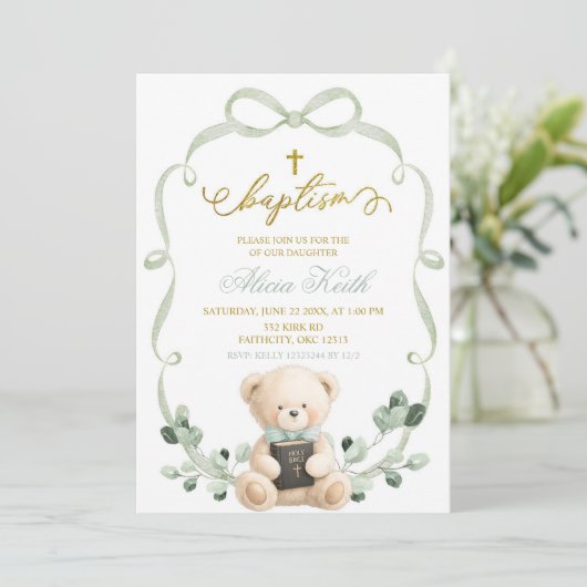 Sage Greenery Bow Coquette Bear Baptism 招待状 (スタンド正面)