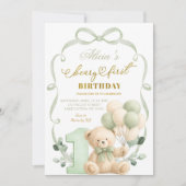 Sage Greenery Bow Coquette Beary First Birthday 招待状 (正面)