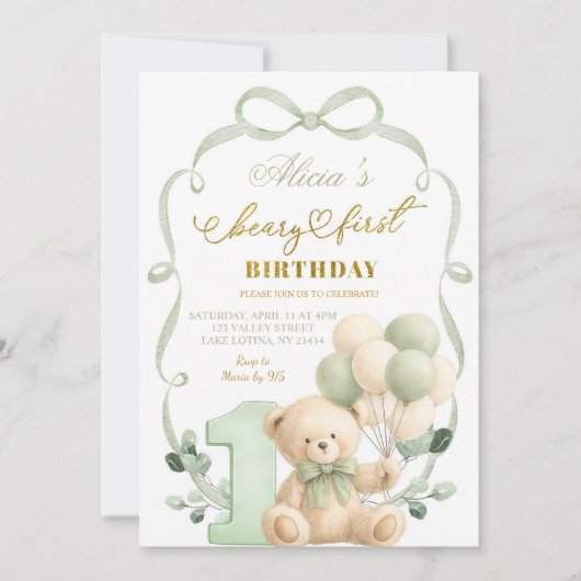 Sage Greenery Bow Coquette Beary First Birthday 招待状 (正面)