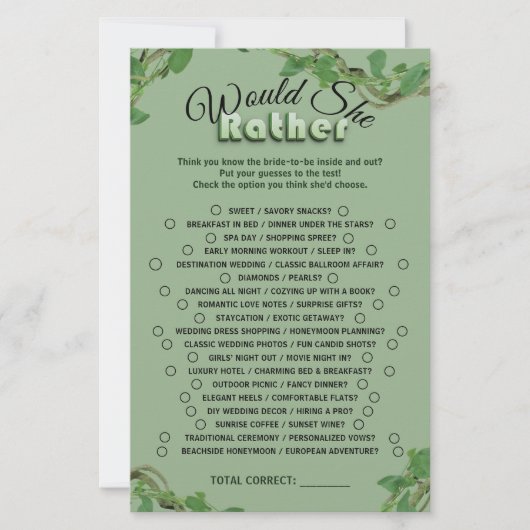 Sage Greenery Bridal Shower Would She Rather Game (正面)