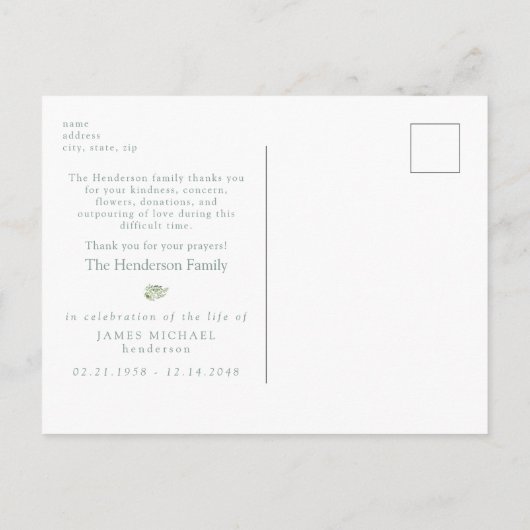 Sage Greenery Funeral Personalized Thank You ポストカード (裏面)