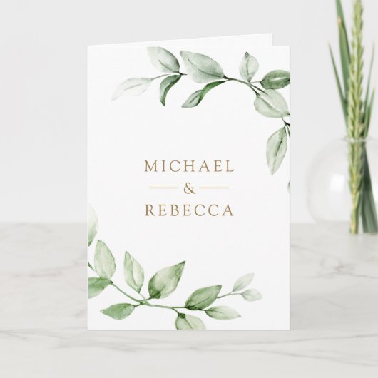 Sage Greenery Gold Ampersand QR Code Wedding 招待状 (正面)