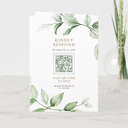 Sage Greenery Gold Ampersand QR Code Wedding 招待状 (裏面)