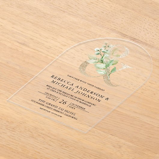 Sage Greenery Gold Ampersand Wedding アクリル招待状 (レイダウン)