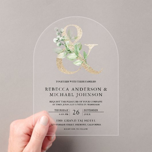 Sage Greenery Gold Ampersand Wedding アクリル招待状 (インサイチュ (ポータブル))