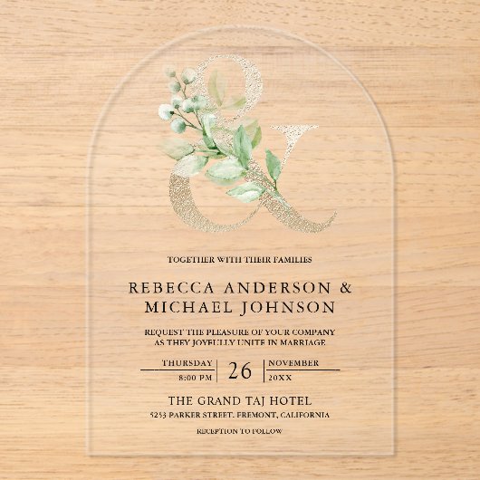 Sage Greenery Gold Ampersand Wedding アクリル招待状 (正面)