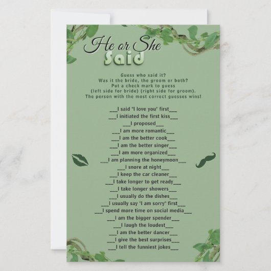 Sage Greenery He Said She Said Bridal Shower Game (正面)
