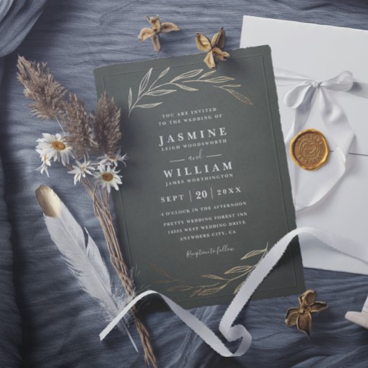 Sage Greenery Leaves Rustic Elegant Wedding 招待状