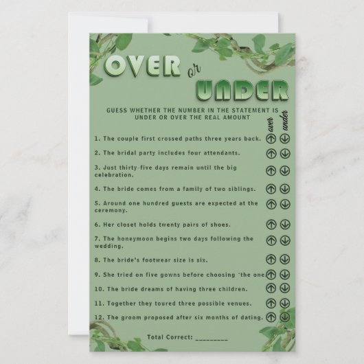 Sage Greenery Over or Under Bridal Shower Fun Game (正面)