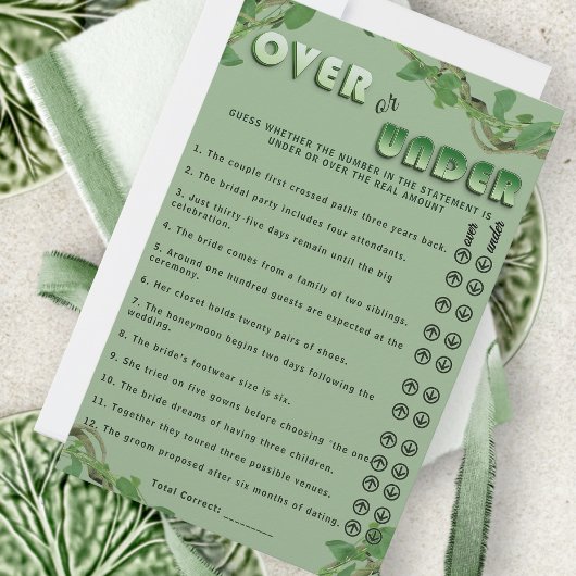Sage Greenery Over or Under Bridal Shower Fun Game