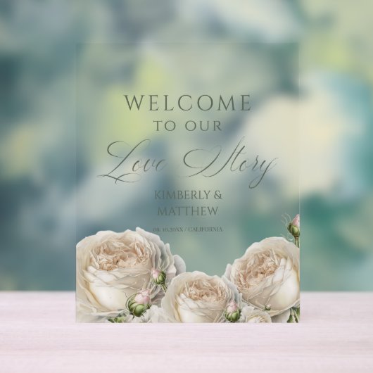 Sage Greenery Roses Welcome to Love Story アクリルサイン (ニュートラル)