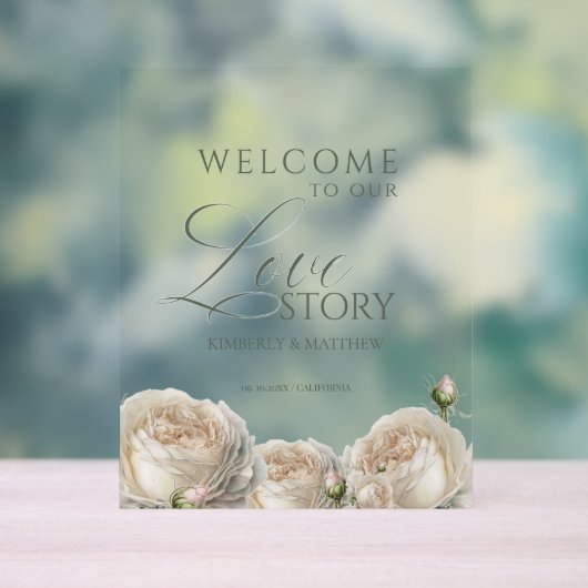 Sage Greenery Roses Welcome Wedding Sign アクリルサイン (ニュートラル)