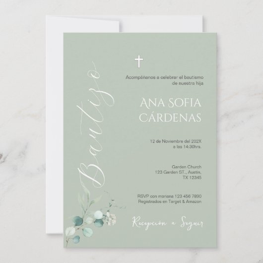 Sage Greenery Spanish Baptism Girl invitation 招待状 (正面)
